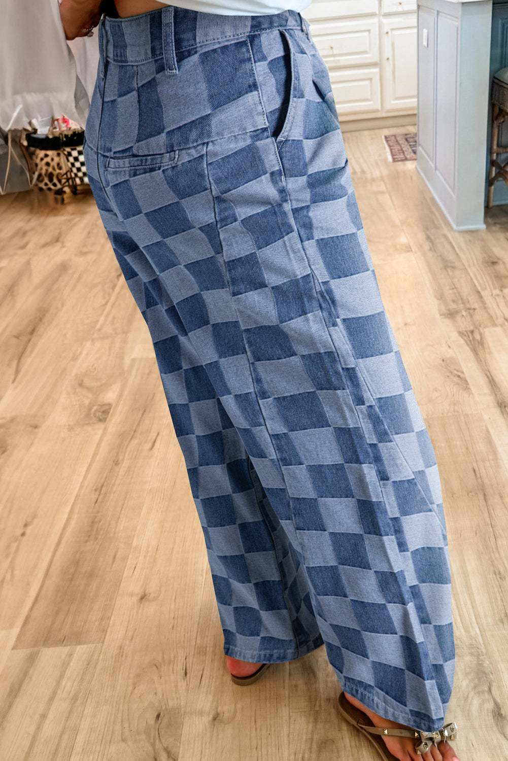 Checkered Denim Wide Leg Jeans