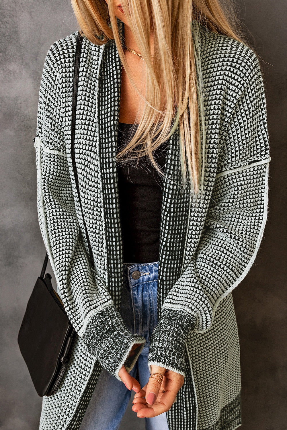 Plaid Knitted Open Cardigan