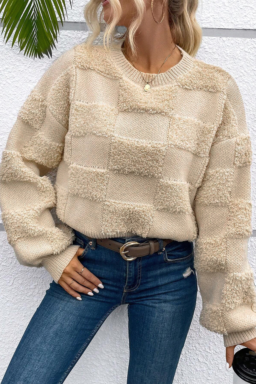 Parchment Checkered Loose Sweater