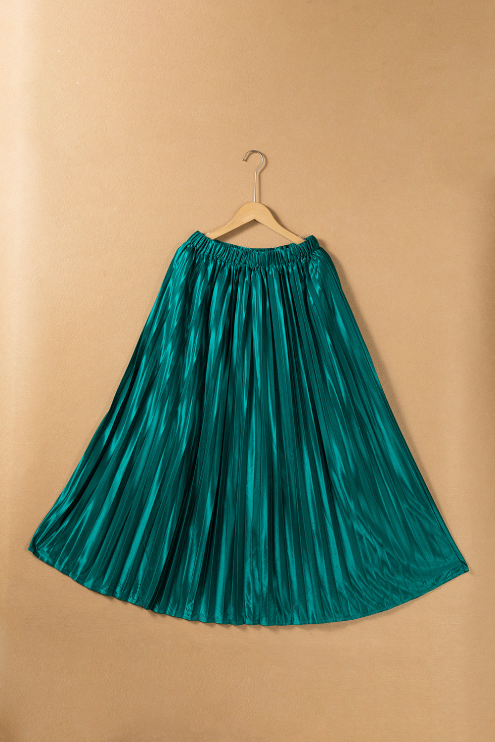 Blackish Green Satin Elastic Waist Skirt