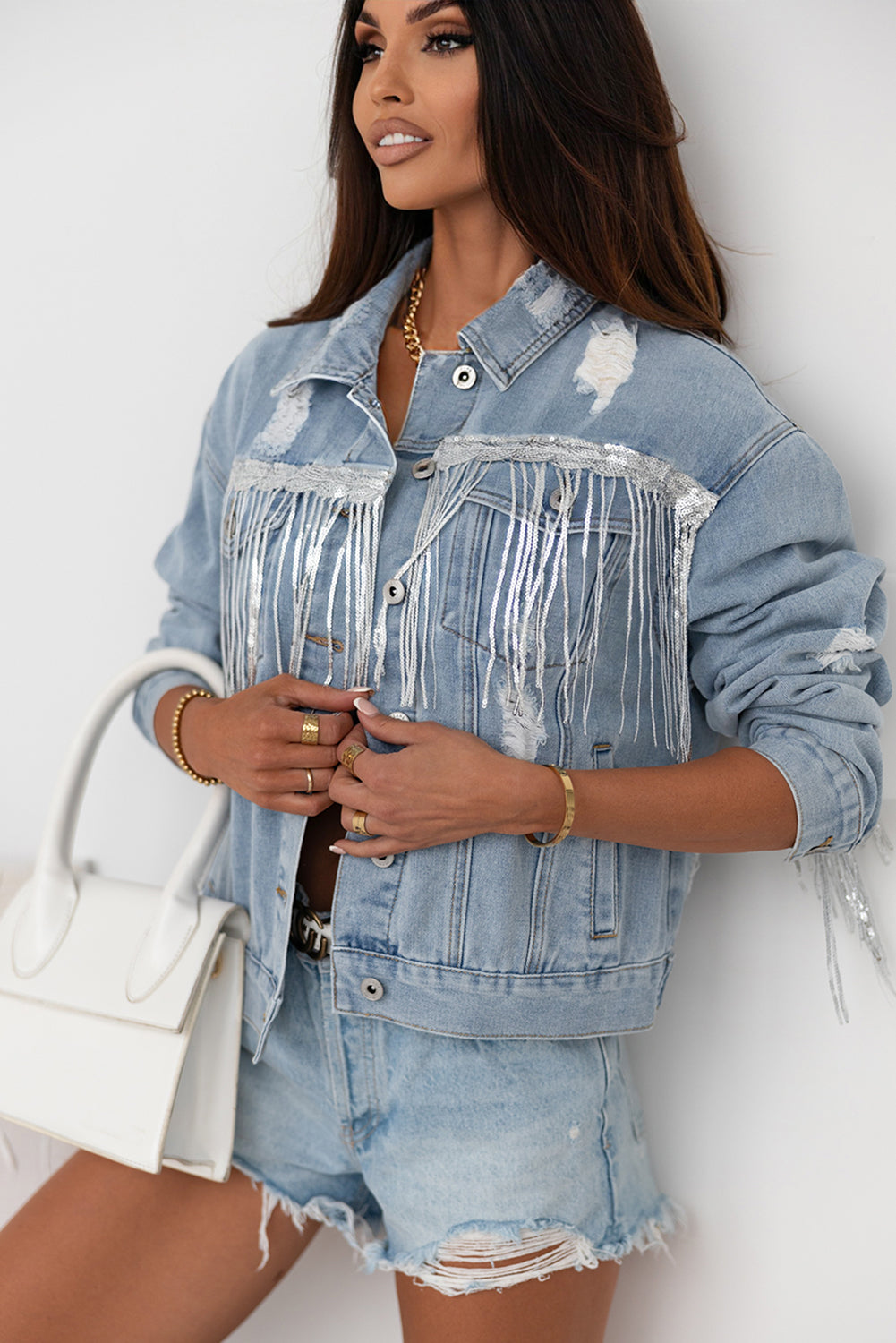 Sky Blue Fringe Denim Jacket