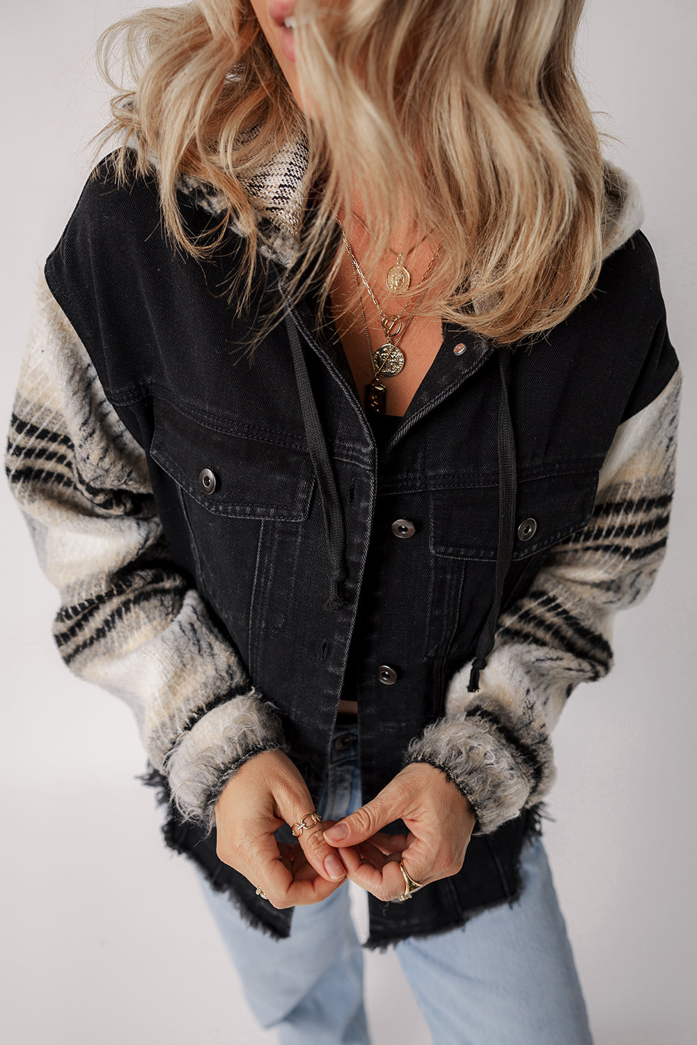 Plaid Sleeve Frayed Denim Jacket