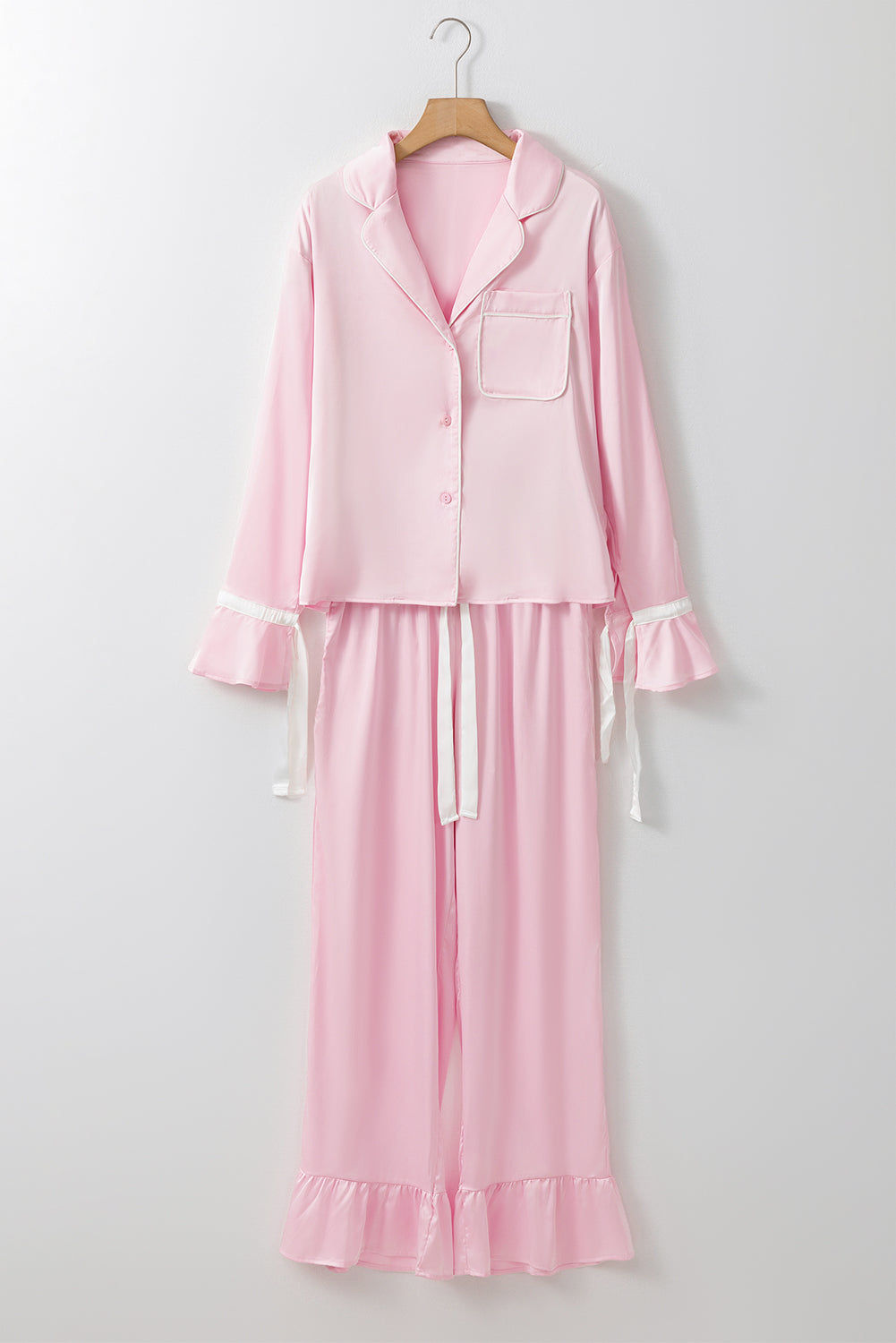 Satin Knot Shirt Ruffled Lounge Set