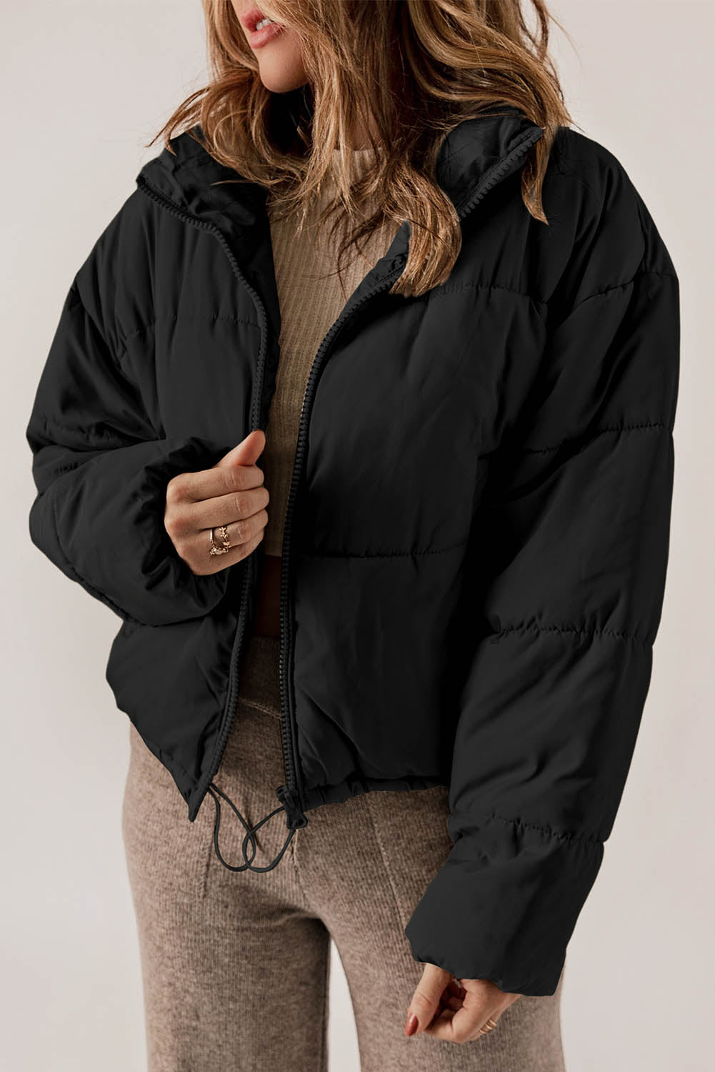 Zip Up Drawstring Hem Puffer Jackets