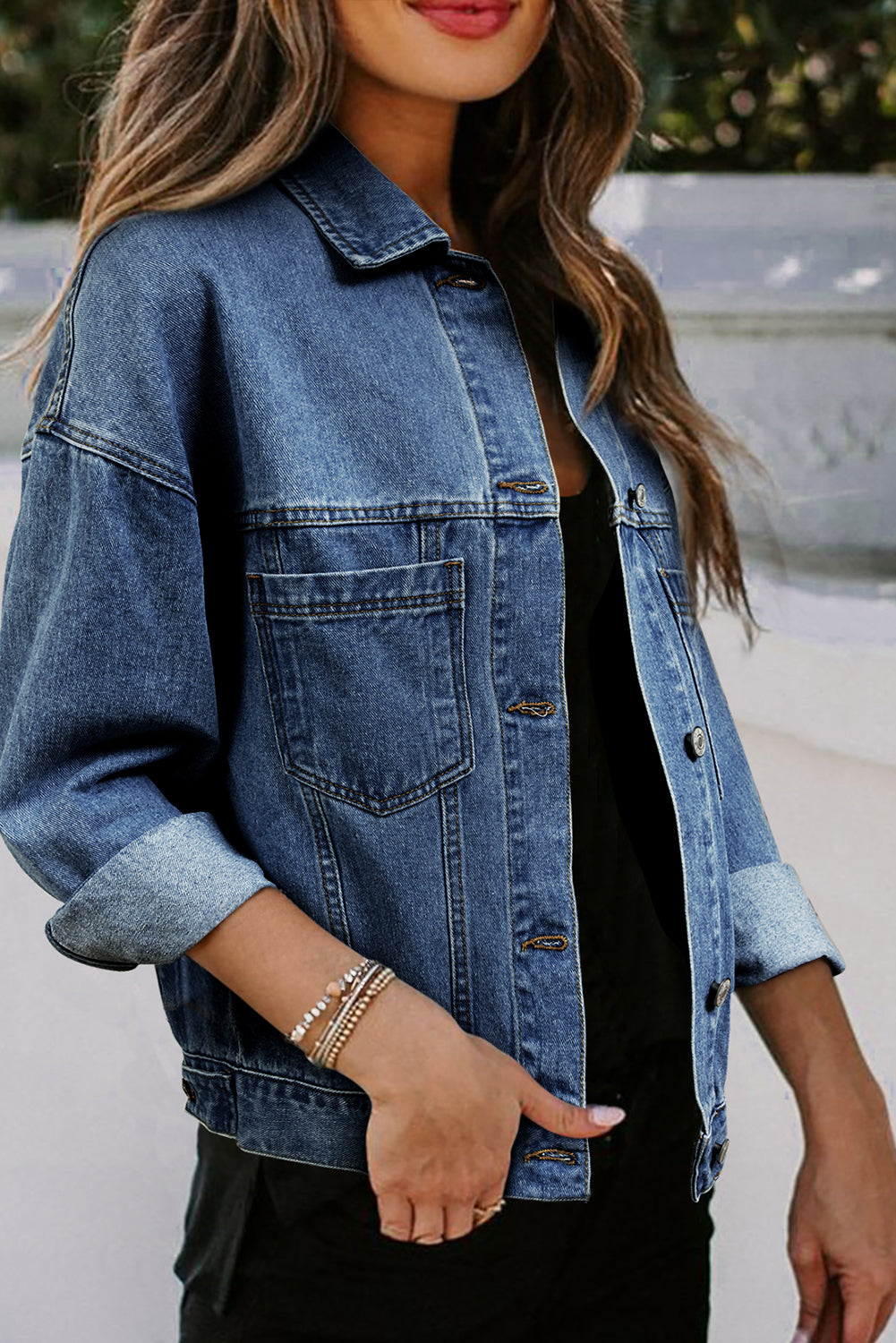 Washed Oversize Pocketed Denim Jacket