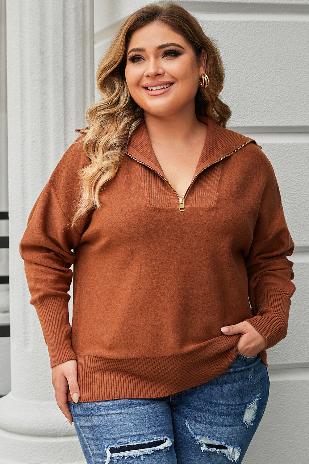 Ribbed Trim Zip Collar Sweater