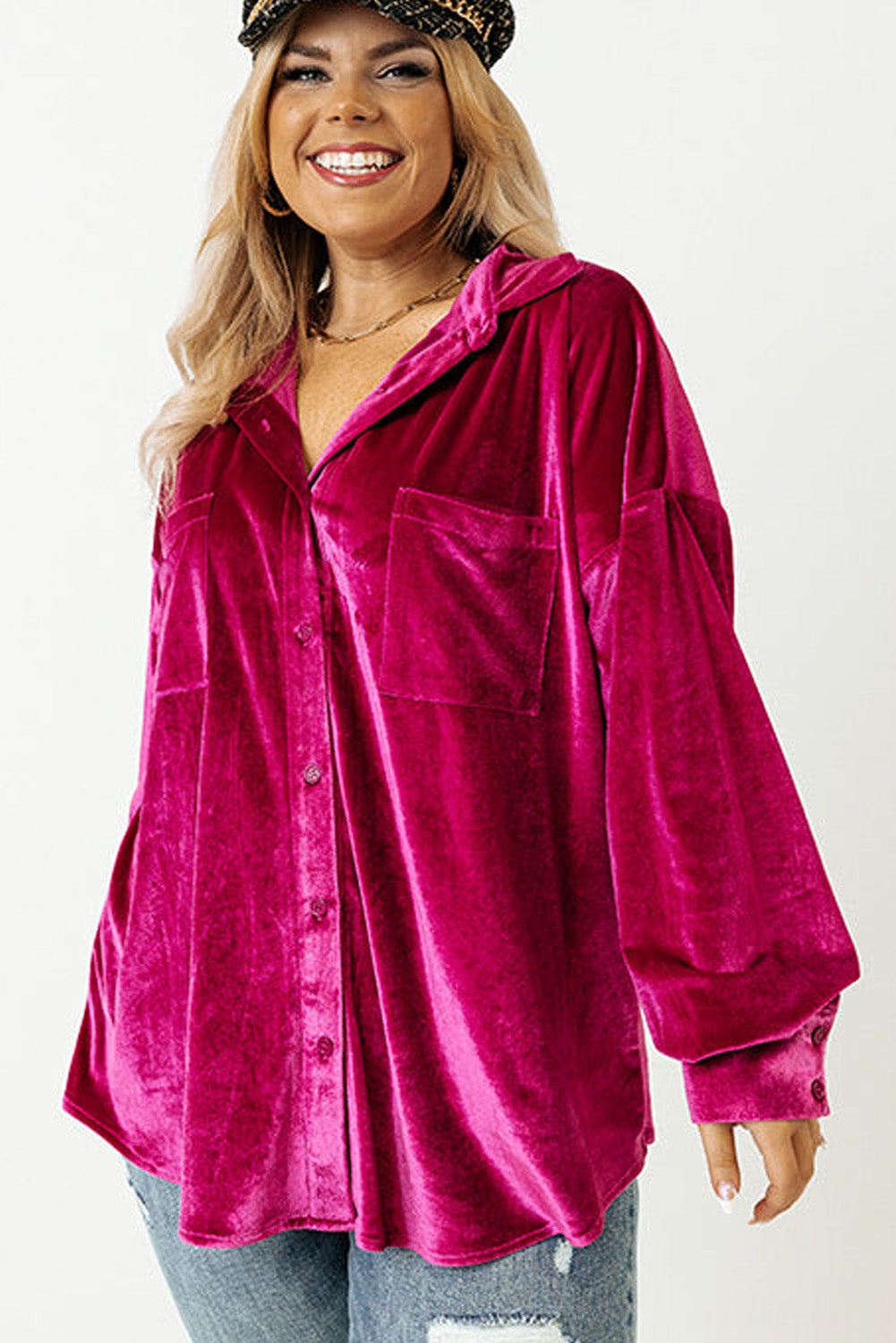 Bright Pink Velvet Drop Shoulder Shirt