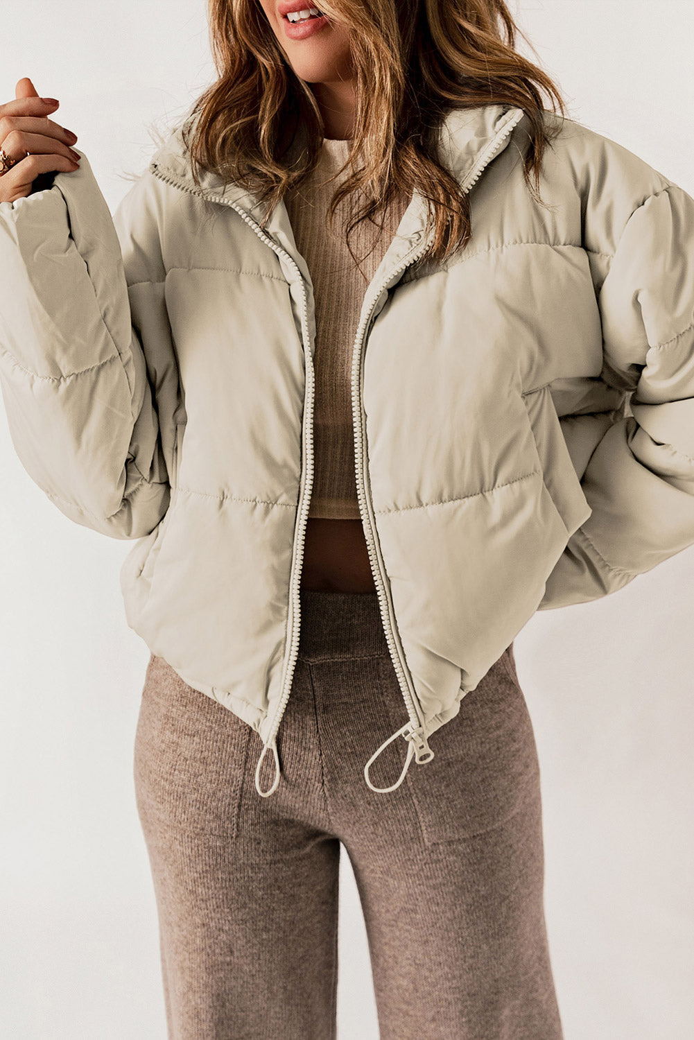 Zip Up Drawstring Hem Puffer Jackets