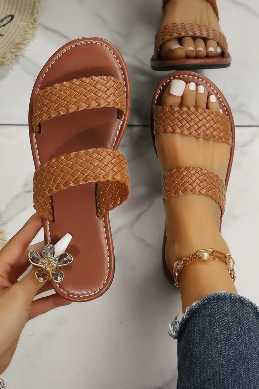 Braided Double Band Leathered Flat Slippers