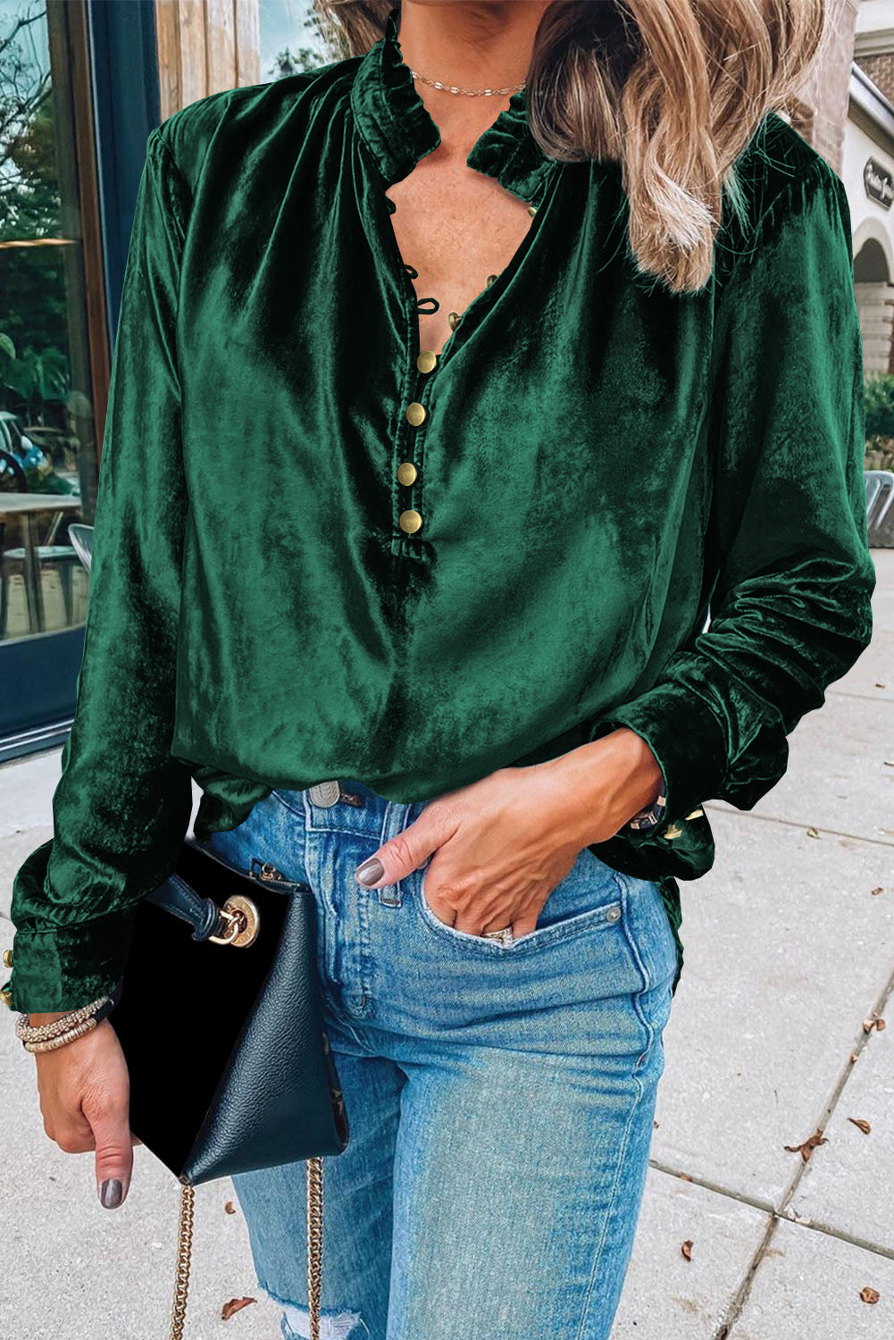 Frilled Neck Buttoned Velvet Top