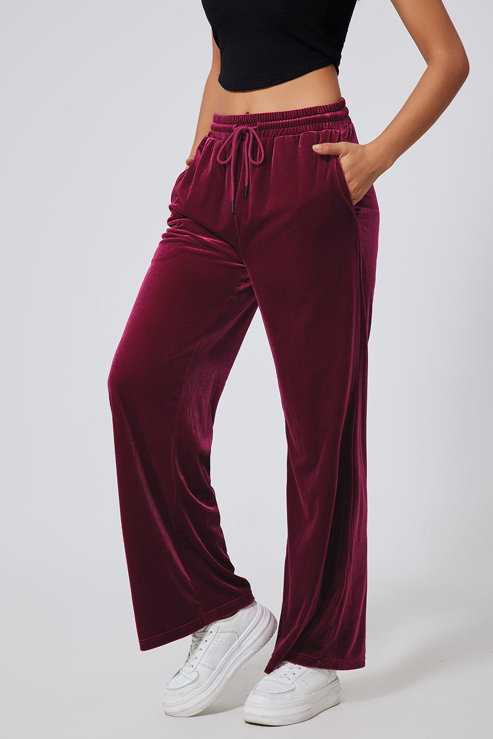 Burgundy Waist Wide Leg Pants