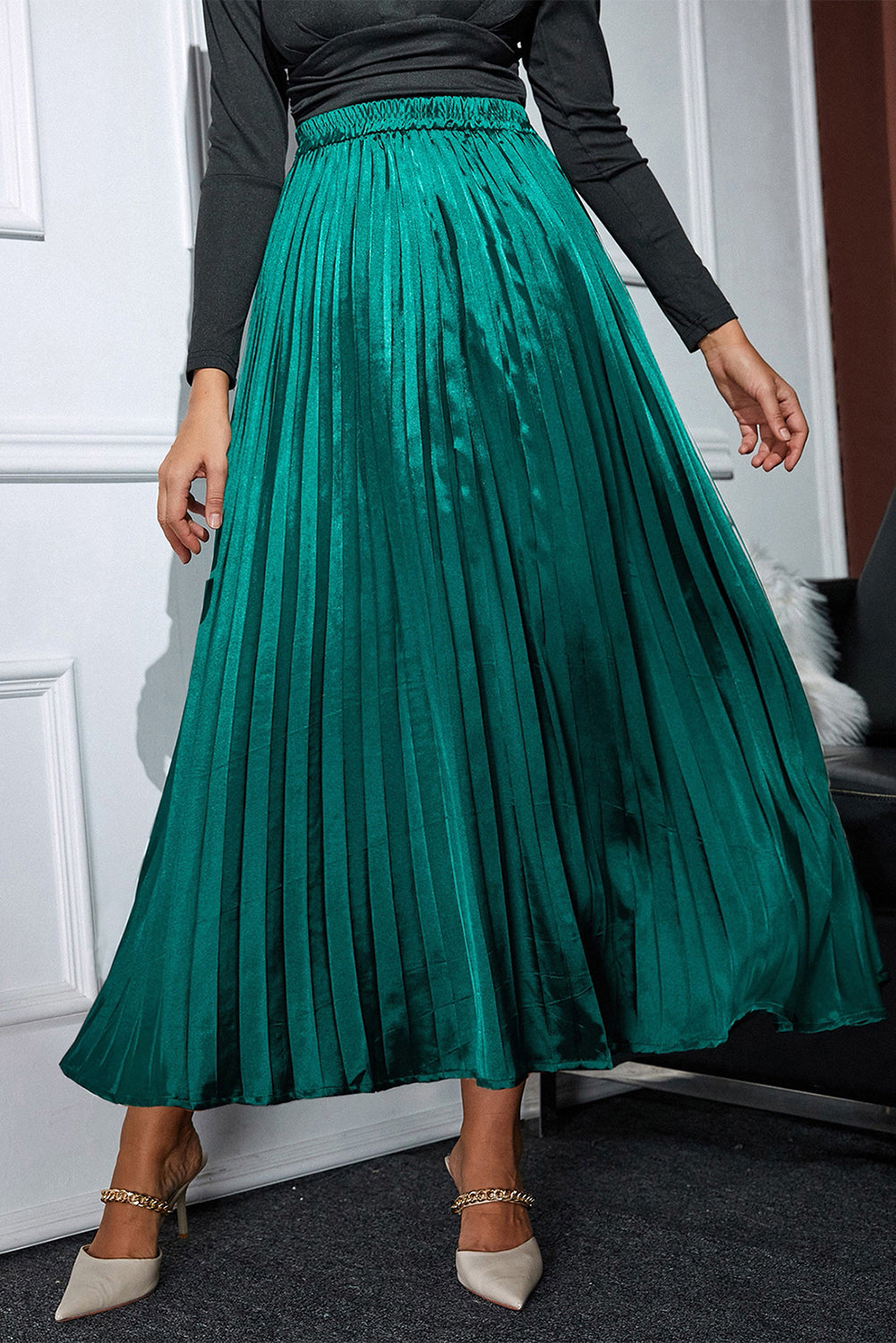 Blackish Green Satin Elastic Waist Skirt