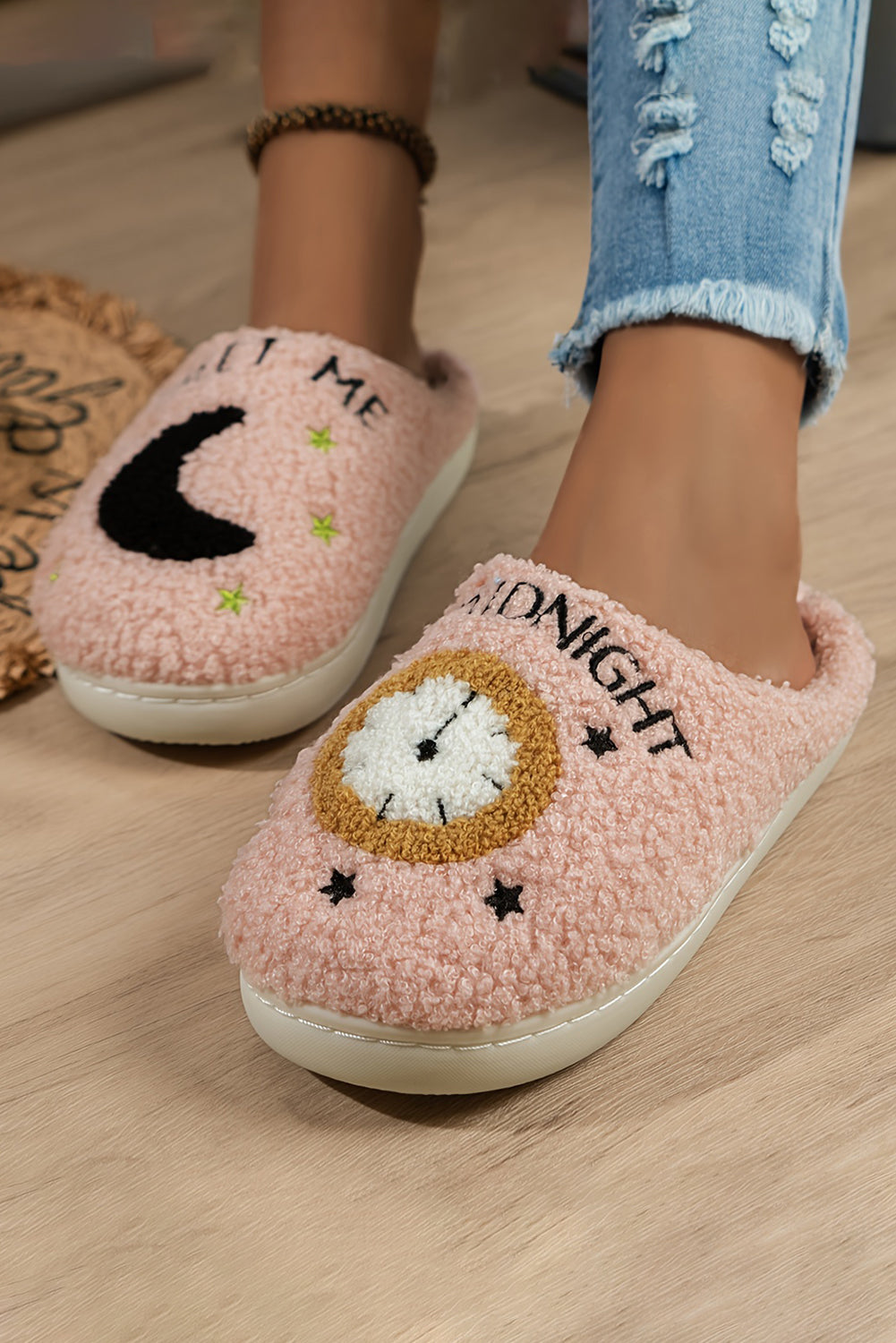 Moon & Clock Fuzzy Home Slippers