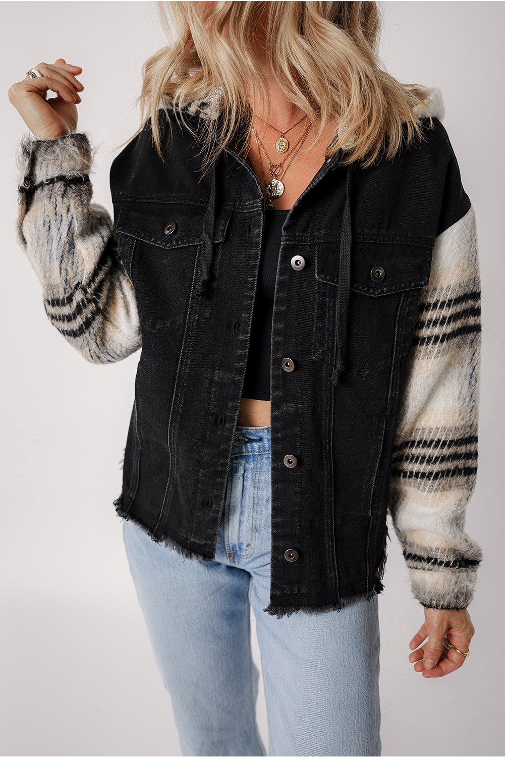 Plaid Sleeve Frayed Denim Jacket