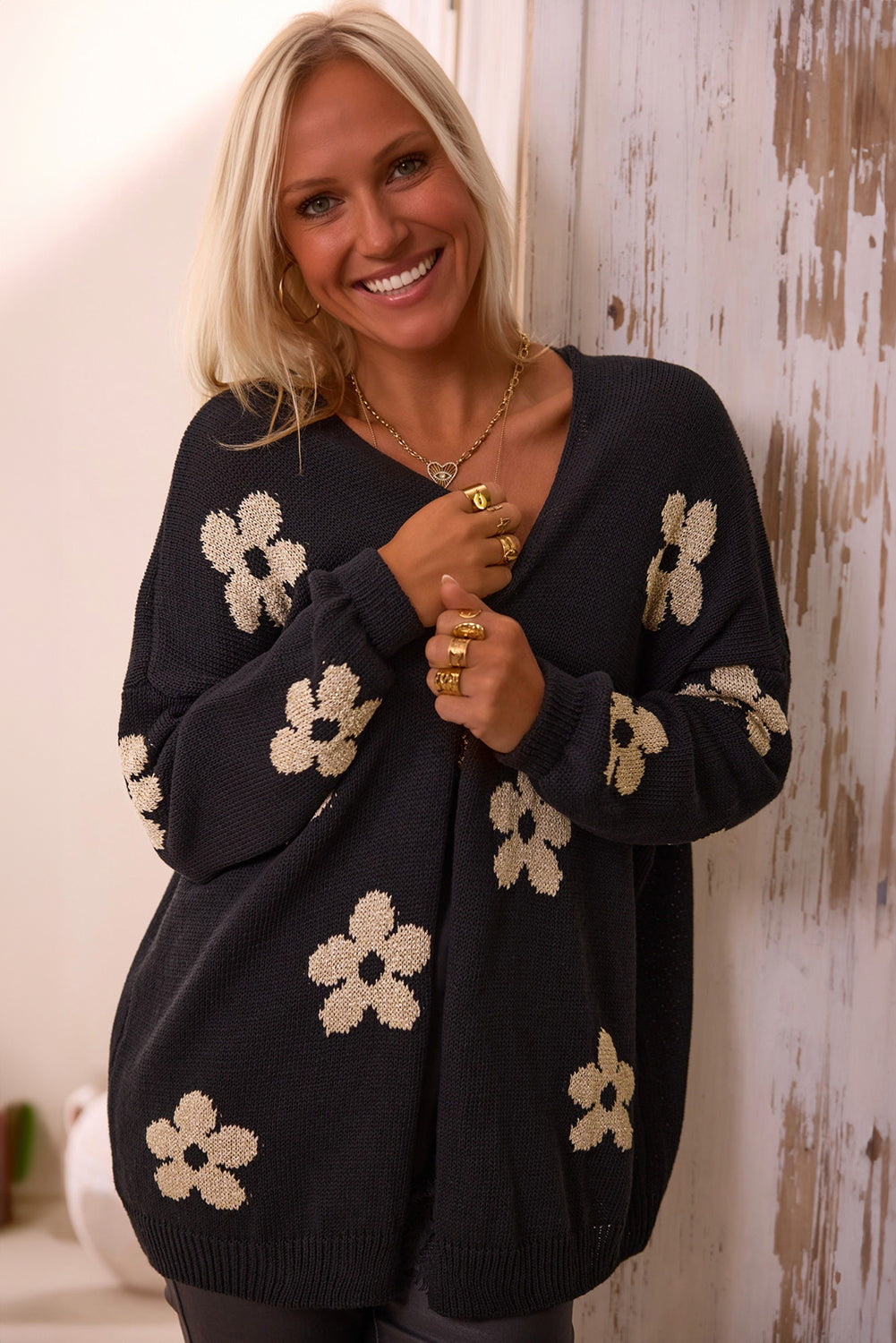 Floral Print Knitted Open Loose Cardigan