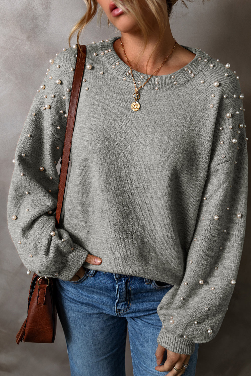 Pearled Drop Shoulder Round Neck Sweater