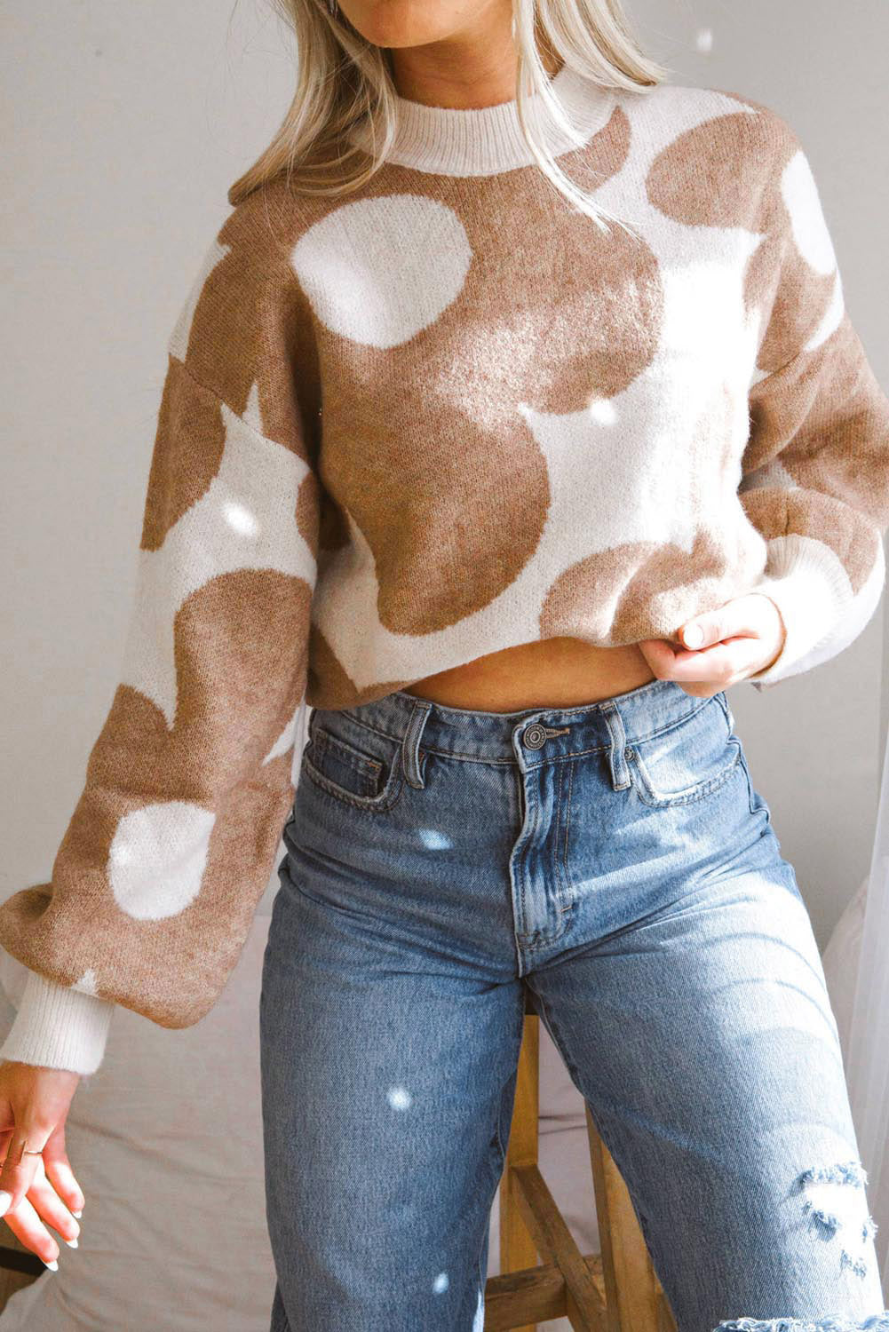 Khaki Flower Drop Shoulder Sweater