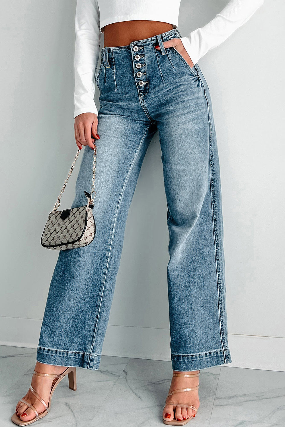 Multi Button Straight Loose Leg Jeans