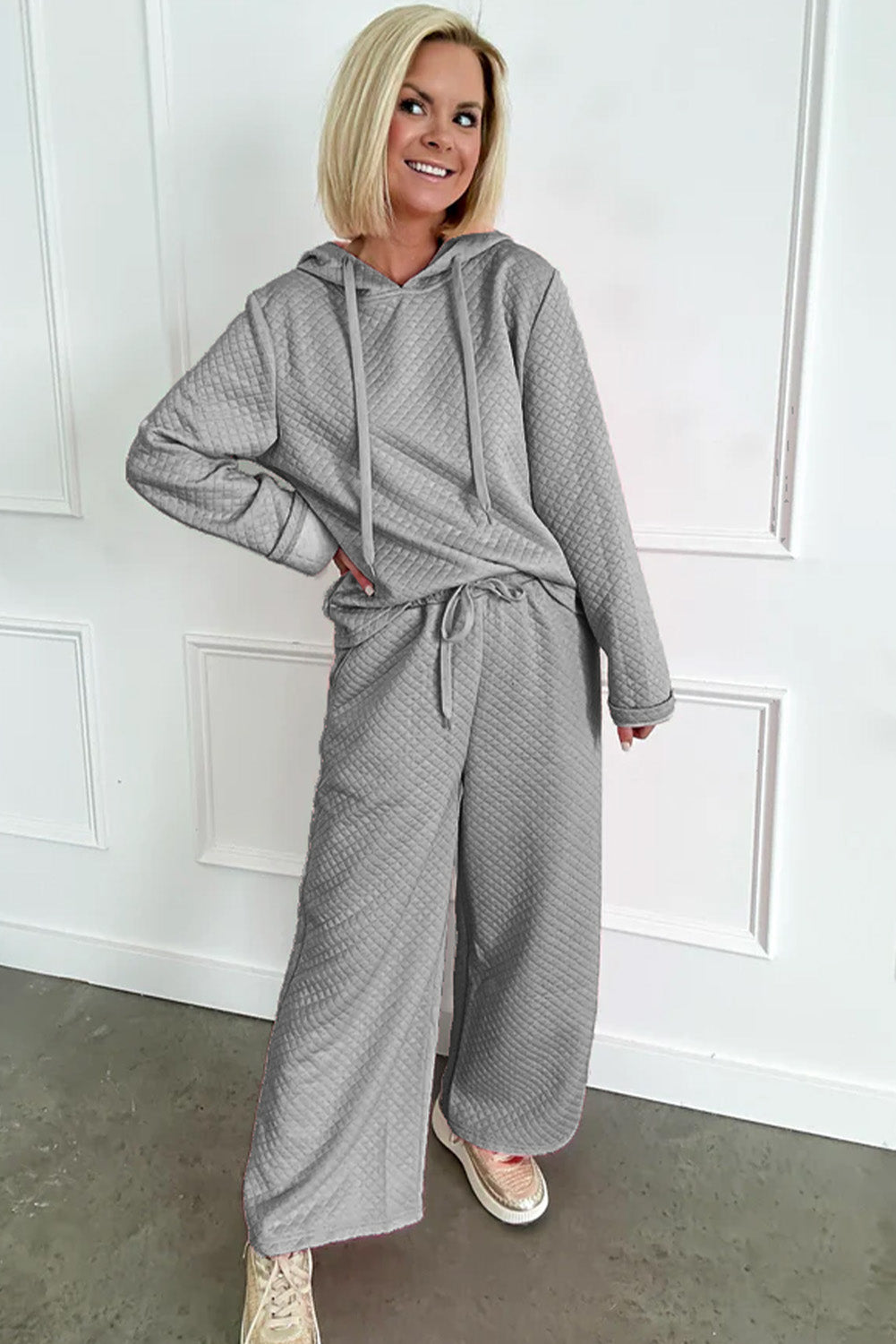 Drawstring Hoodie and Wide Leg Pants Set