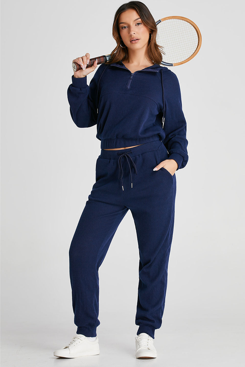 Ribbed Cropped Hoodie Joggers Set