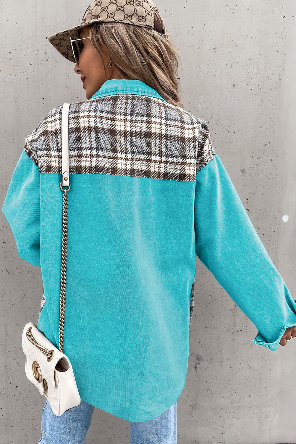 Sky Blue Plaid Patchwork Denim Jacket