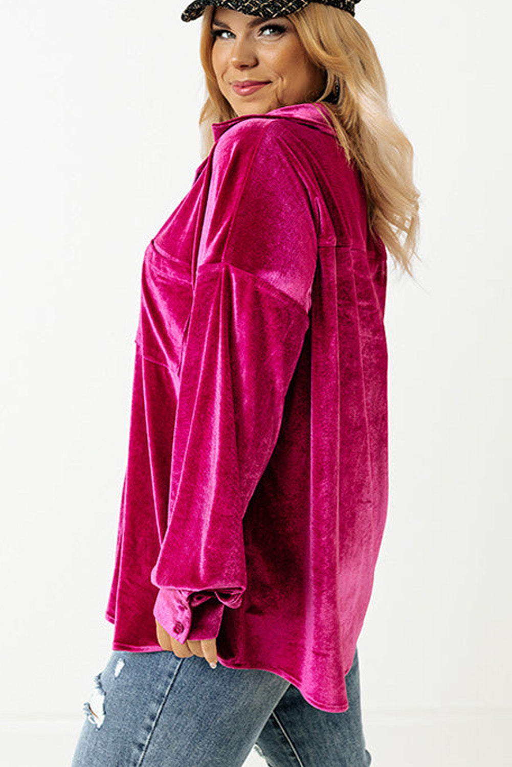 Bright Pink Velvet Drop Shoulder Shirt