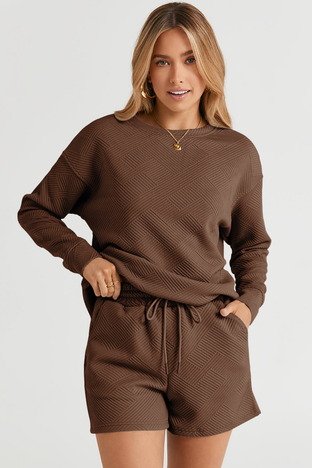 Brown Long Sleeve Top Shorts Set