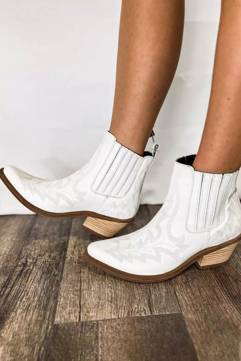 White Leather Thick Heel Boots