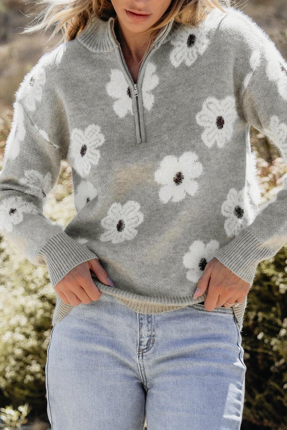 Floral Half Zip Drop Shoulder Sweater