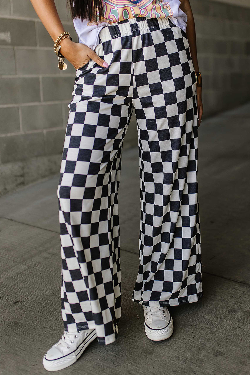 Black 2-Tone Checked High Waist Wide Leg Pants