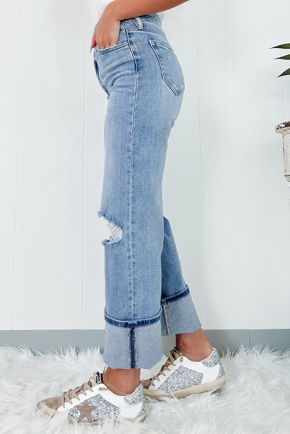 Dusk Blue High Rise Button Zip Ripped Jeans