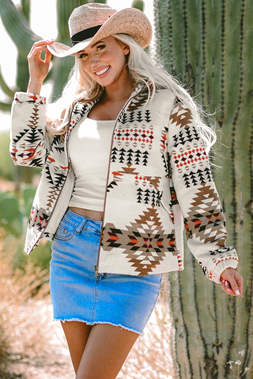 Beige Aztec Zip Up Jacket