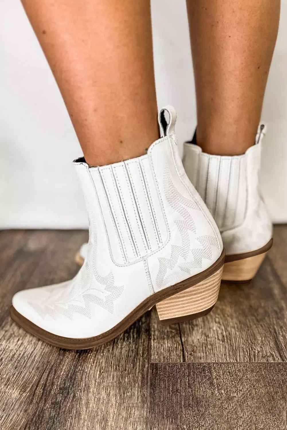 White Leather Thick Heel Boots