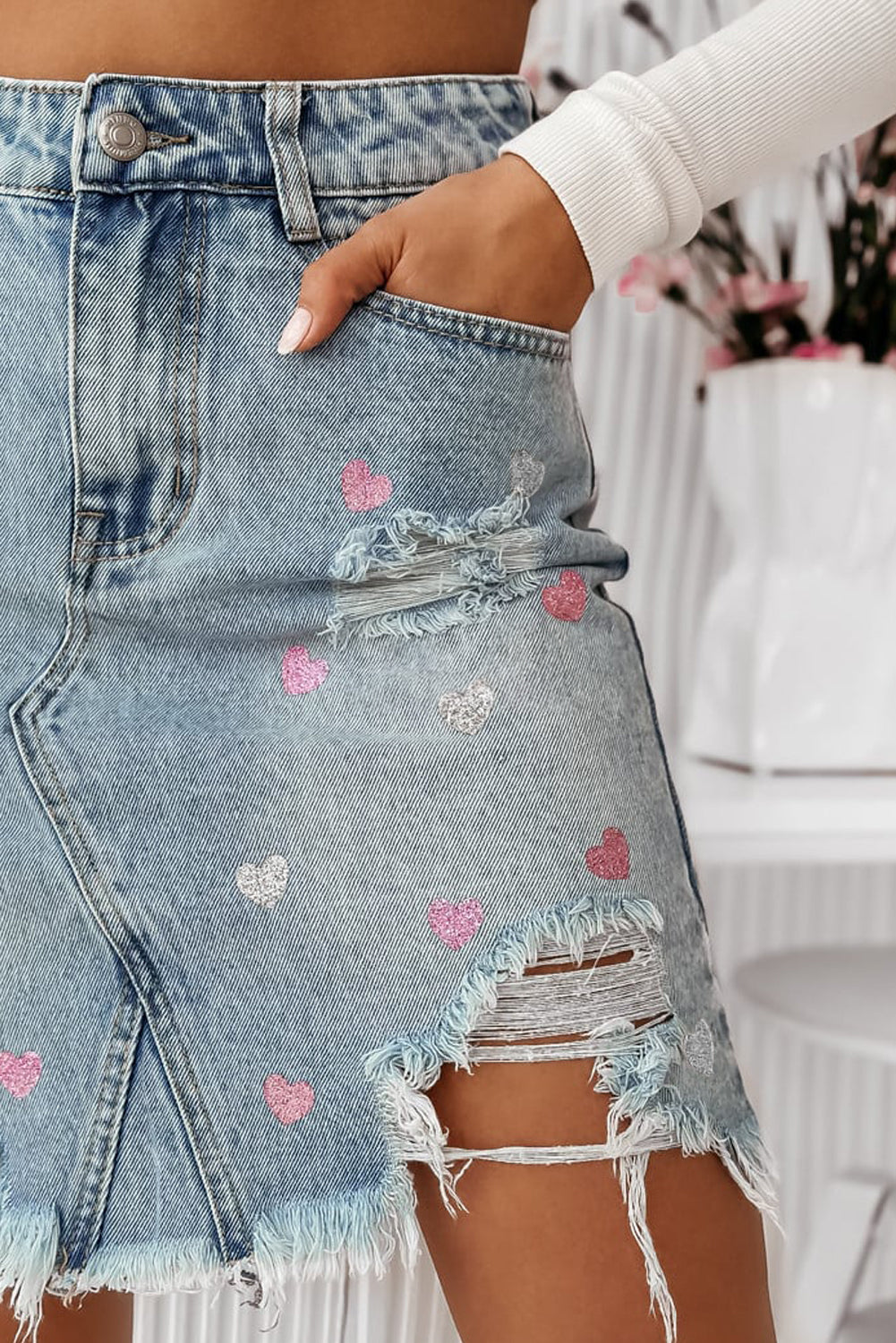 Heart Pattern Denim Mini Skirt