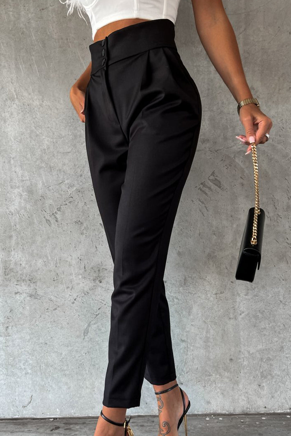 Button High Waist Tapered Pants