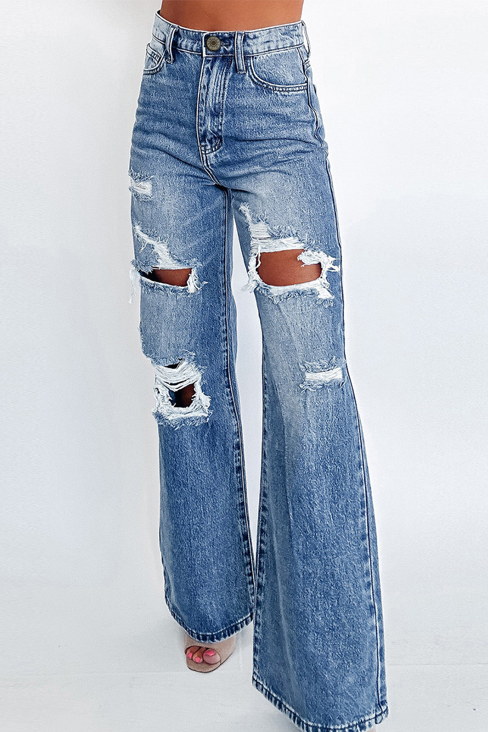 Blue Washed Wide Leg High Waist Jeans