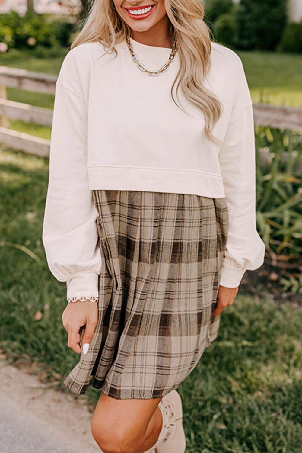 Plaid Patchwork High Waist Sweatshirt Mini Dress