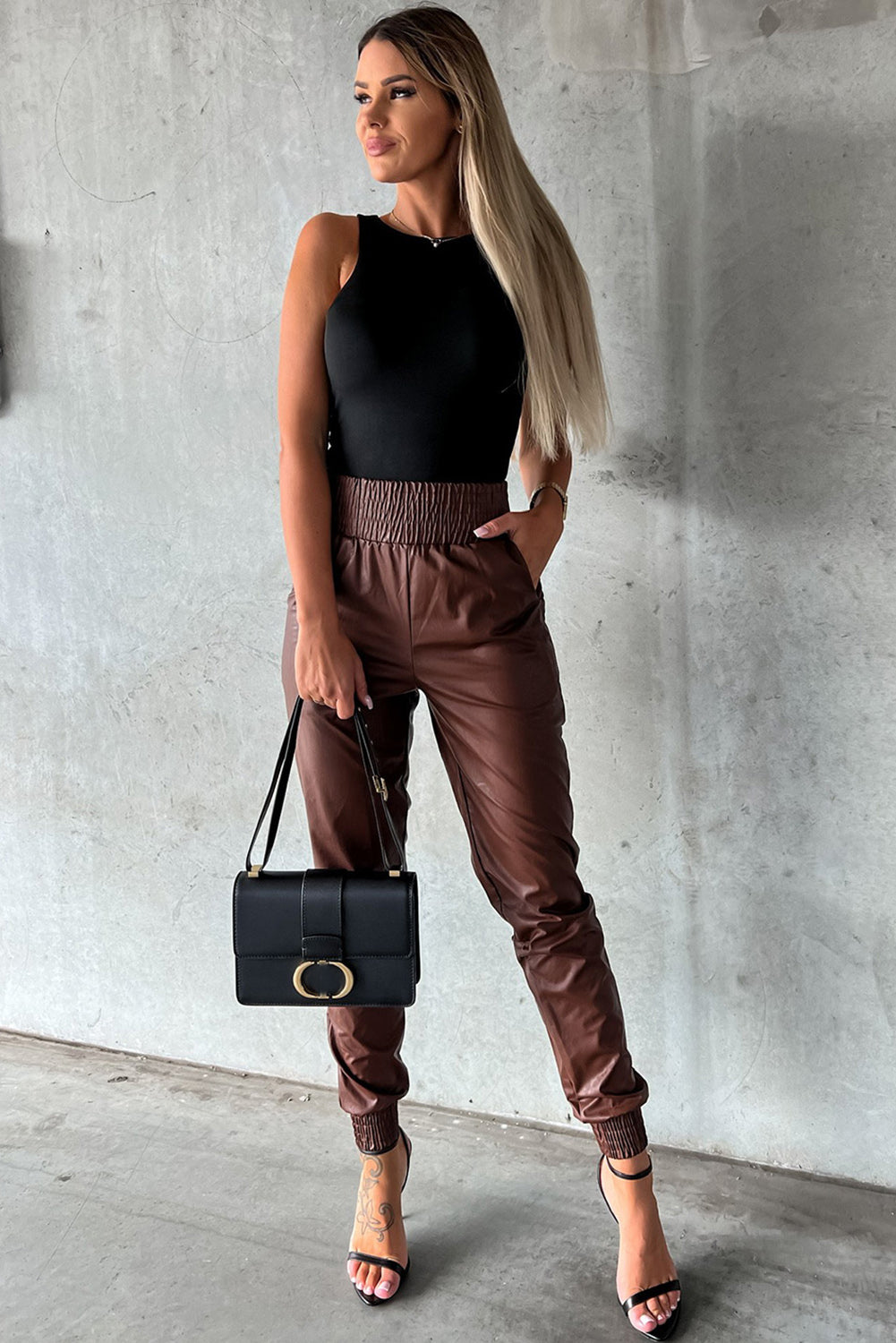 Brown High-Waist Leather Skinny Pants