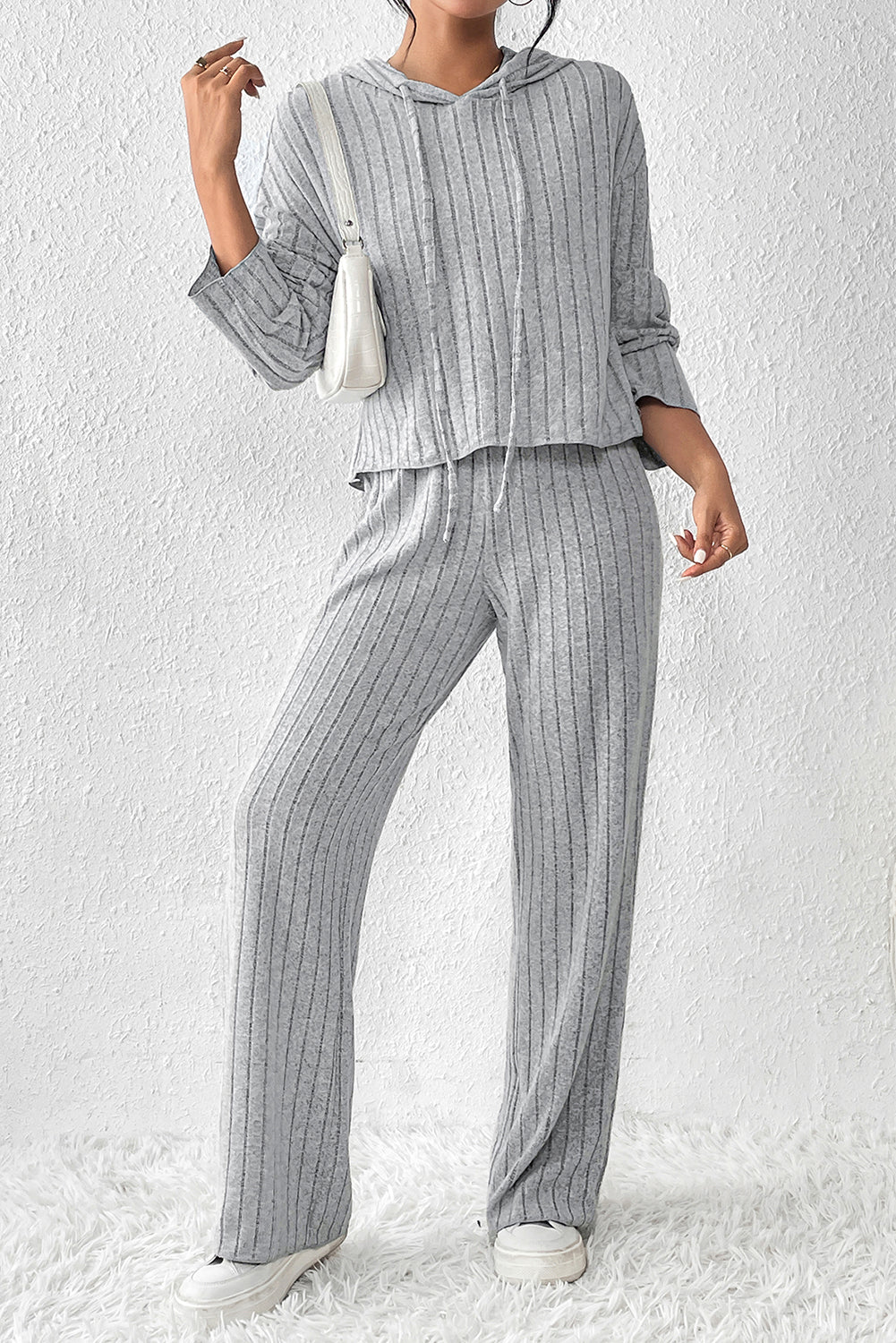 Ribbed Knit Hoodie Wide Leg Pants Set