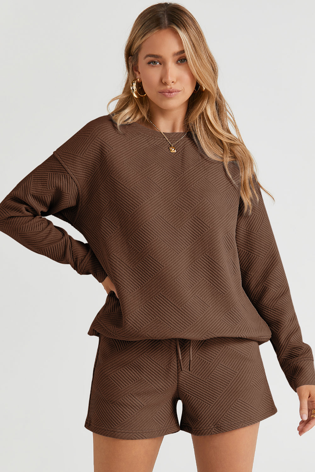 Brown Long Sleeve Top Shorts Set