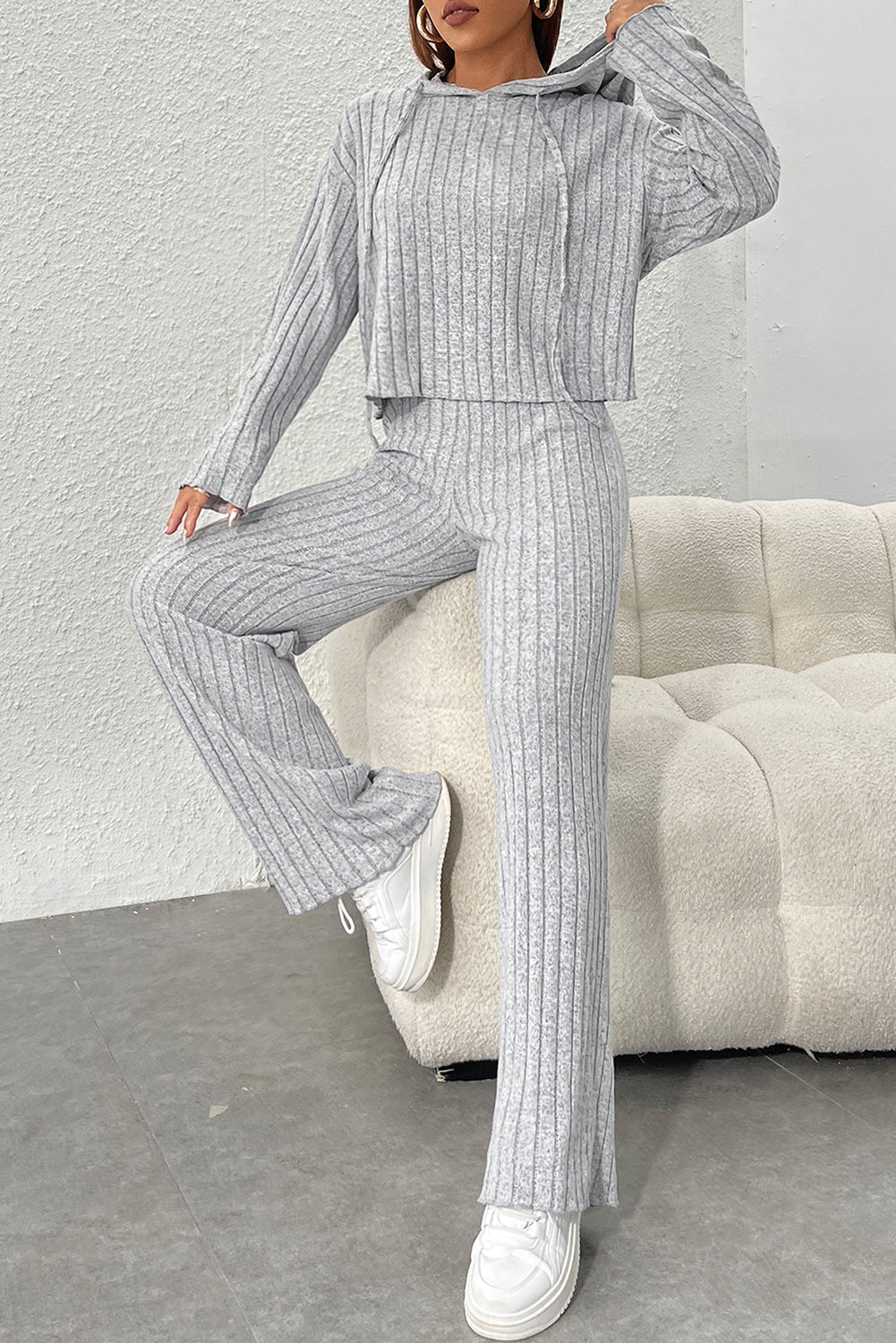 Ribbed Knit Hoodie Wide Leg Pants Set