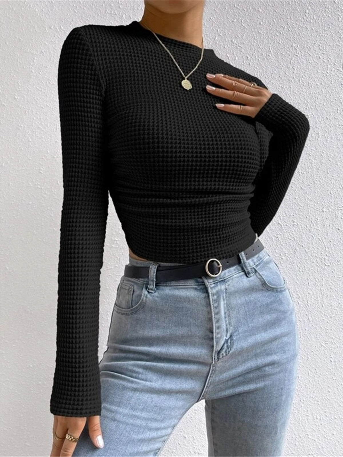 Plain Waffle Slim Sweater