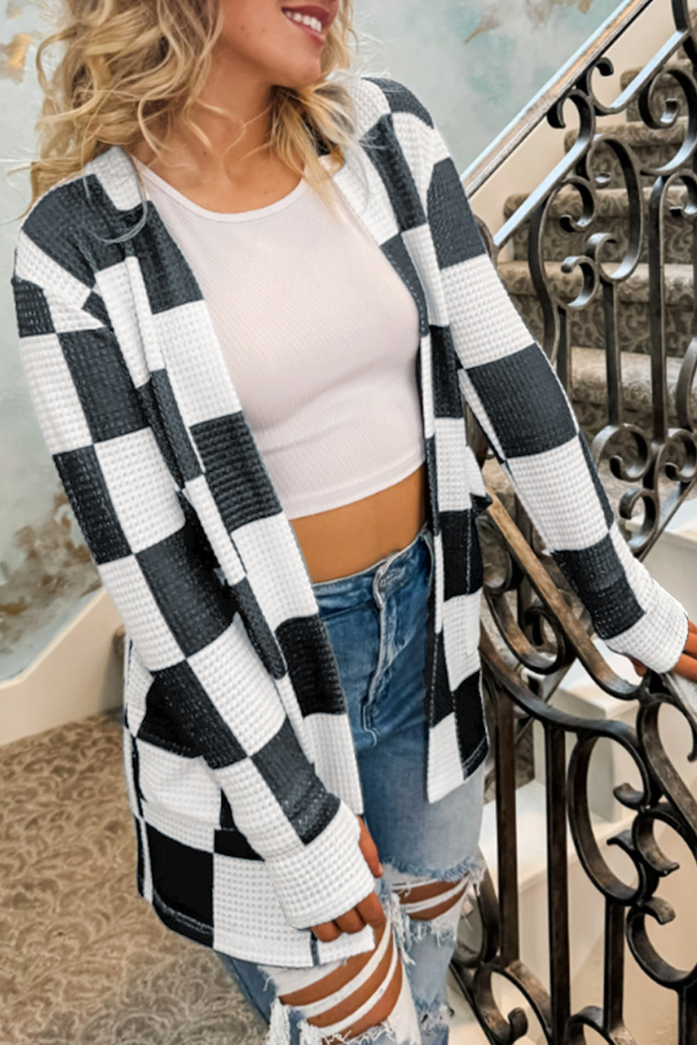 Checkered Waffle Knit Cardigan