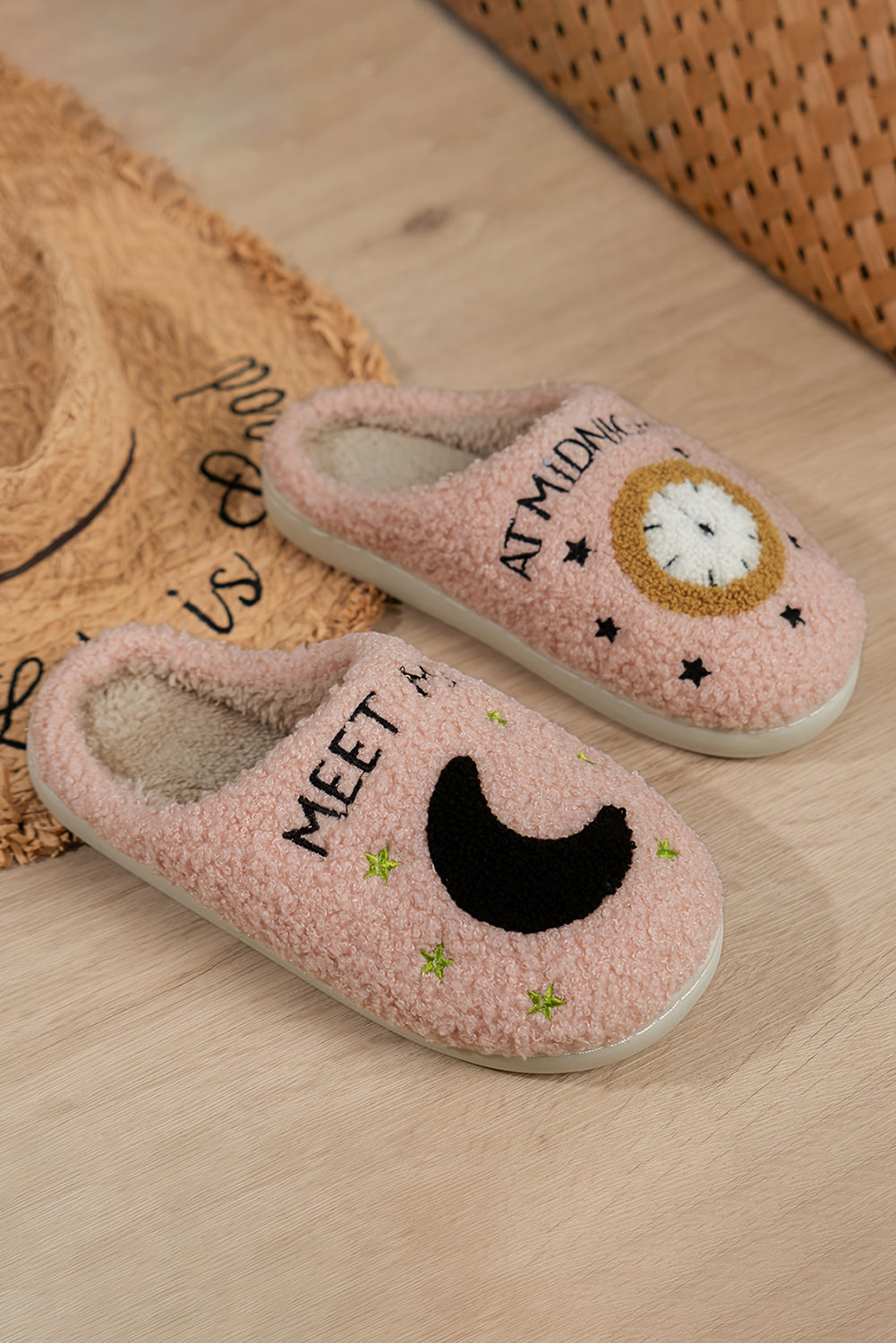 Moon & Clock Fuzzy Home Slippers