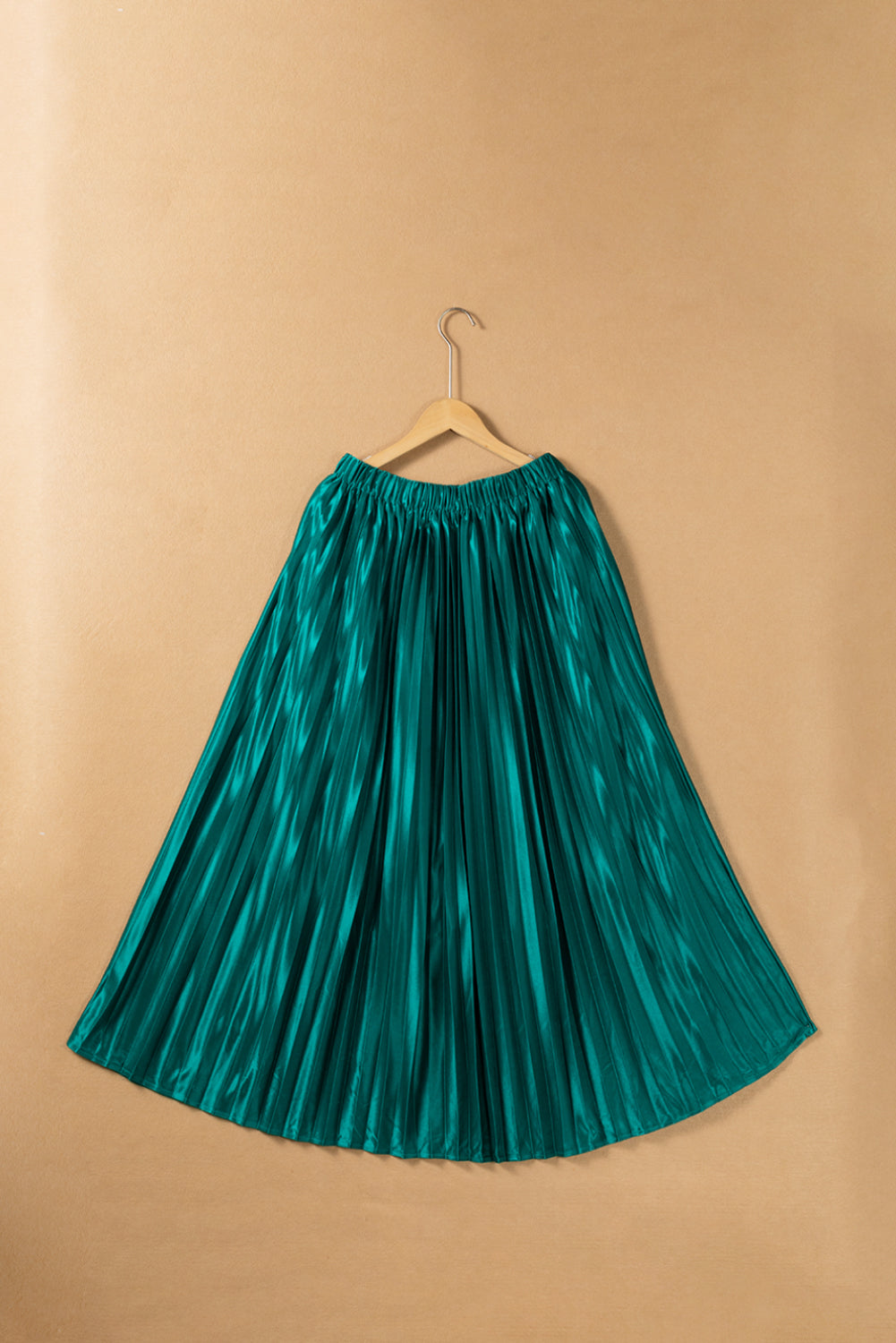 Blackish Green Satin Elastic Waist Skirt