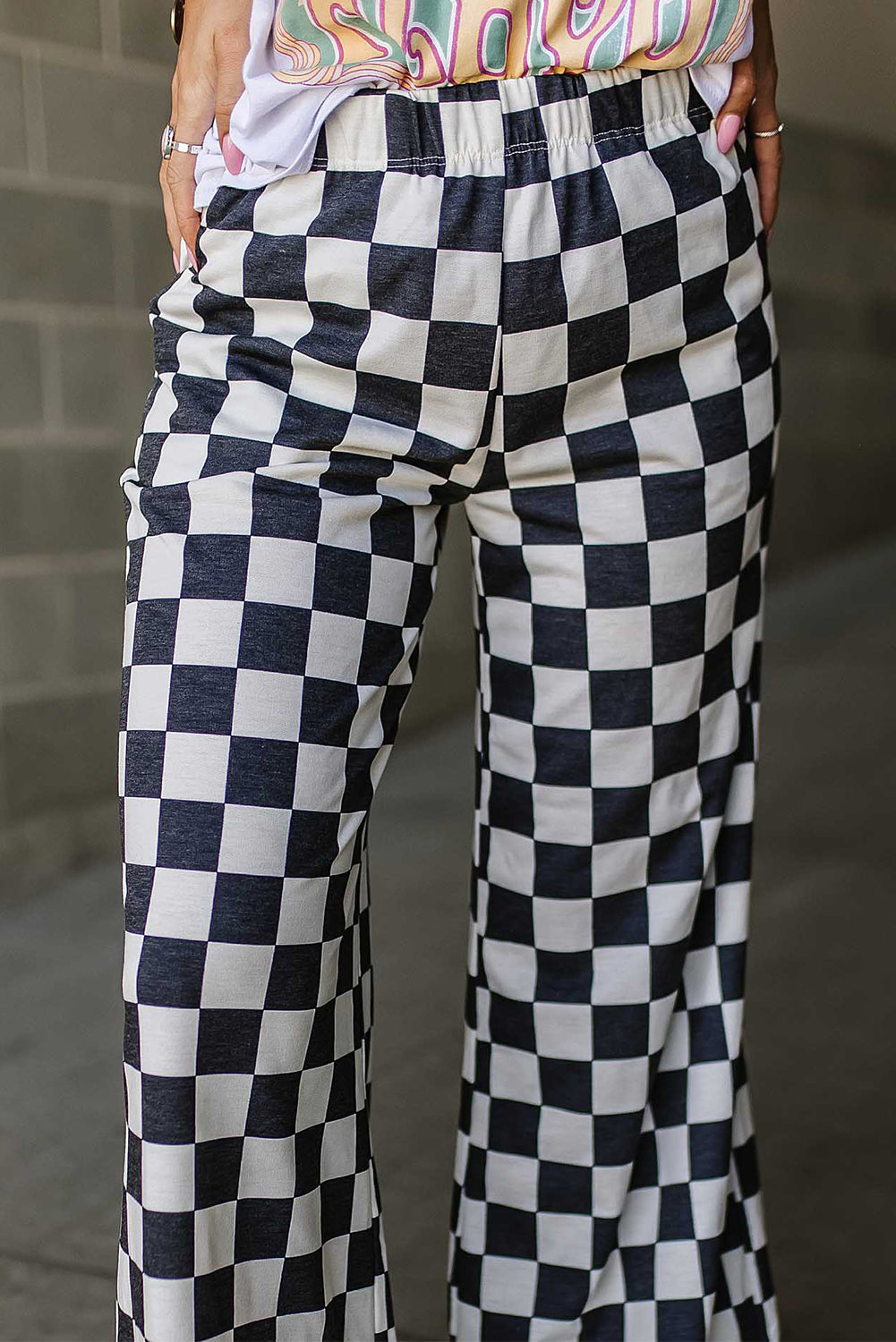 Black 2-Tone Checked High Waist Wide Leg Pants