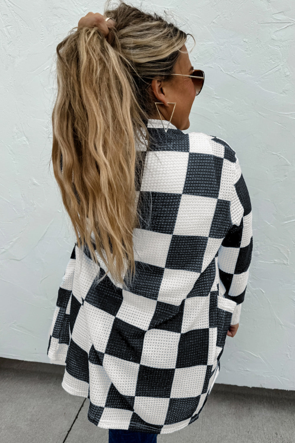 Checkered Waffle Knit Cardigan