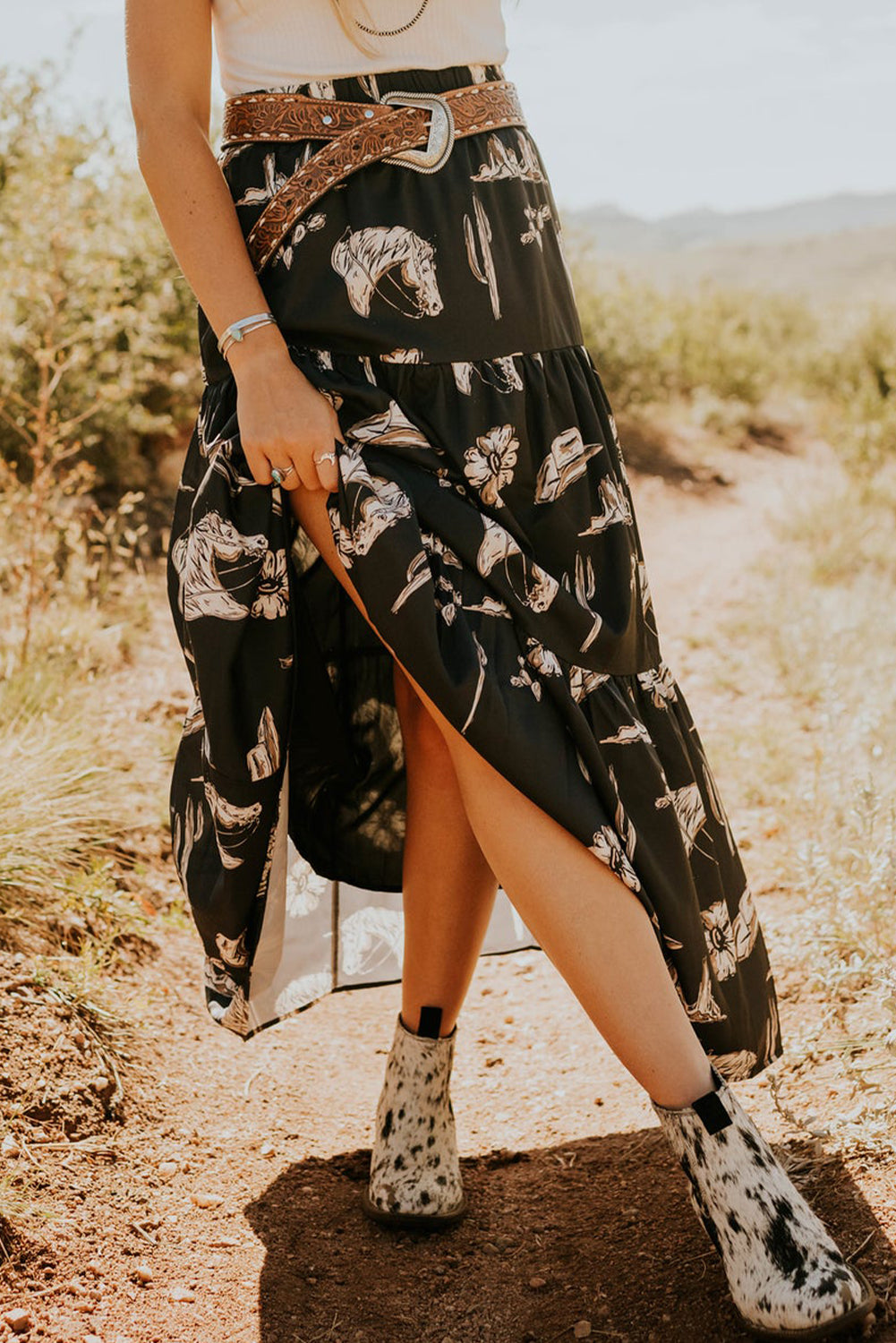 Western Ruffled High Waist Skirt