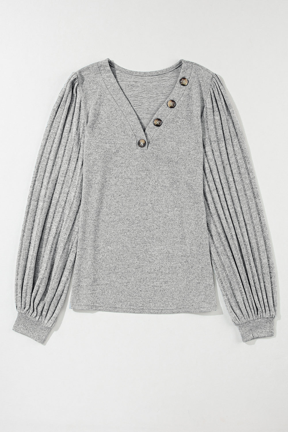 Buttoned V Neck Ribbed Puff Top