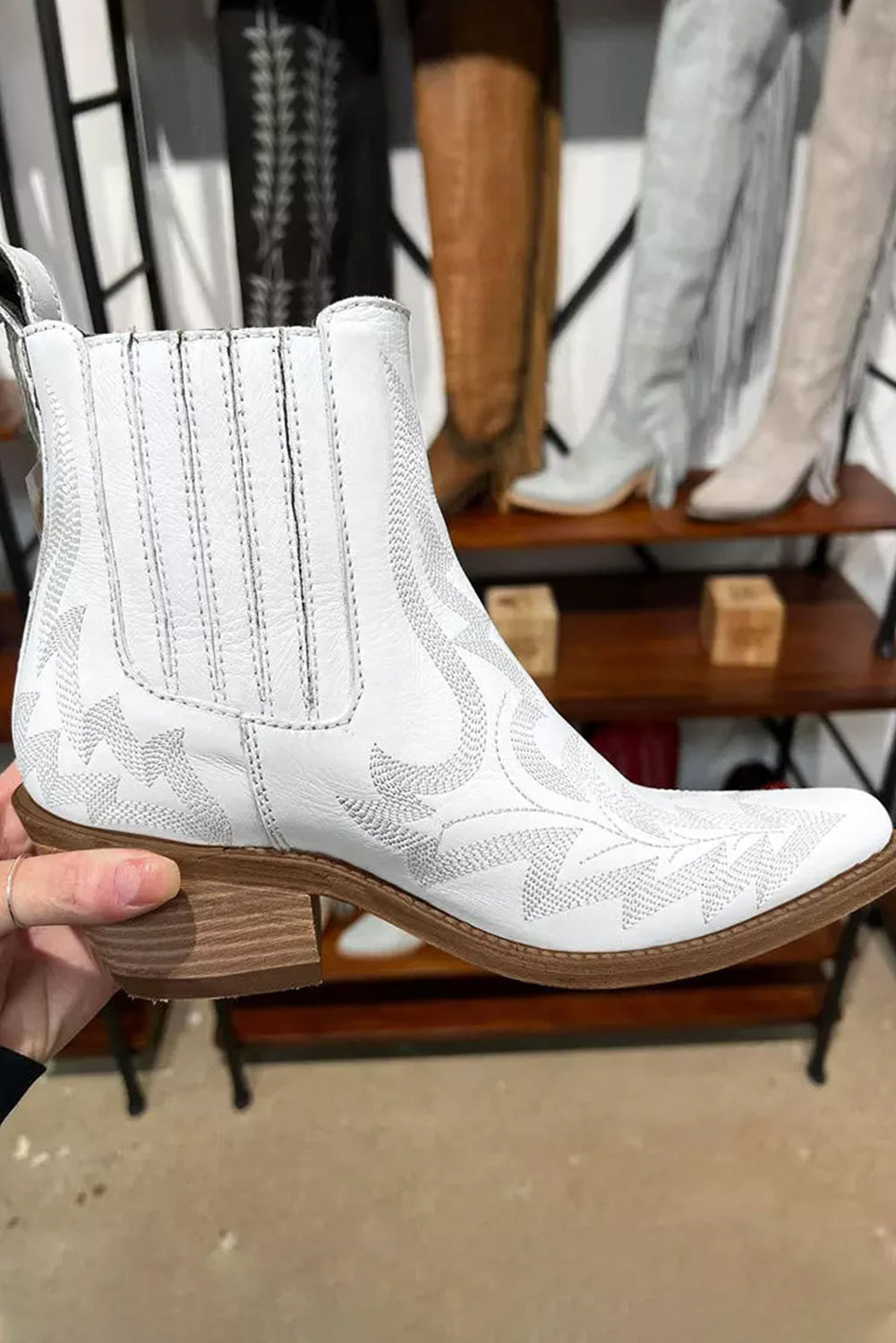 White Leather Thick Heel Boots